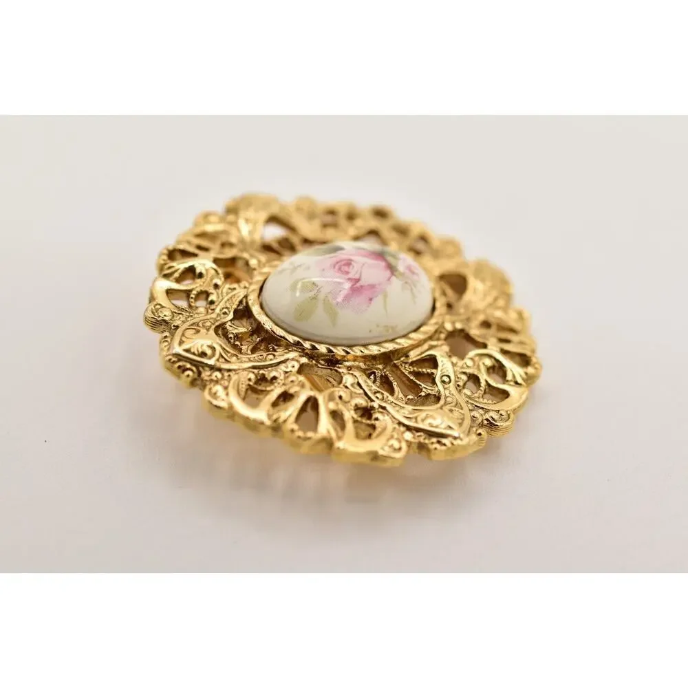 1928 Vintage Brooch Pin Rose Painted Cabochon Antiqued Gold Filigree 1980s BinBG